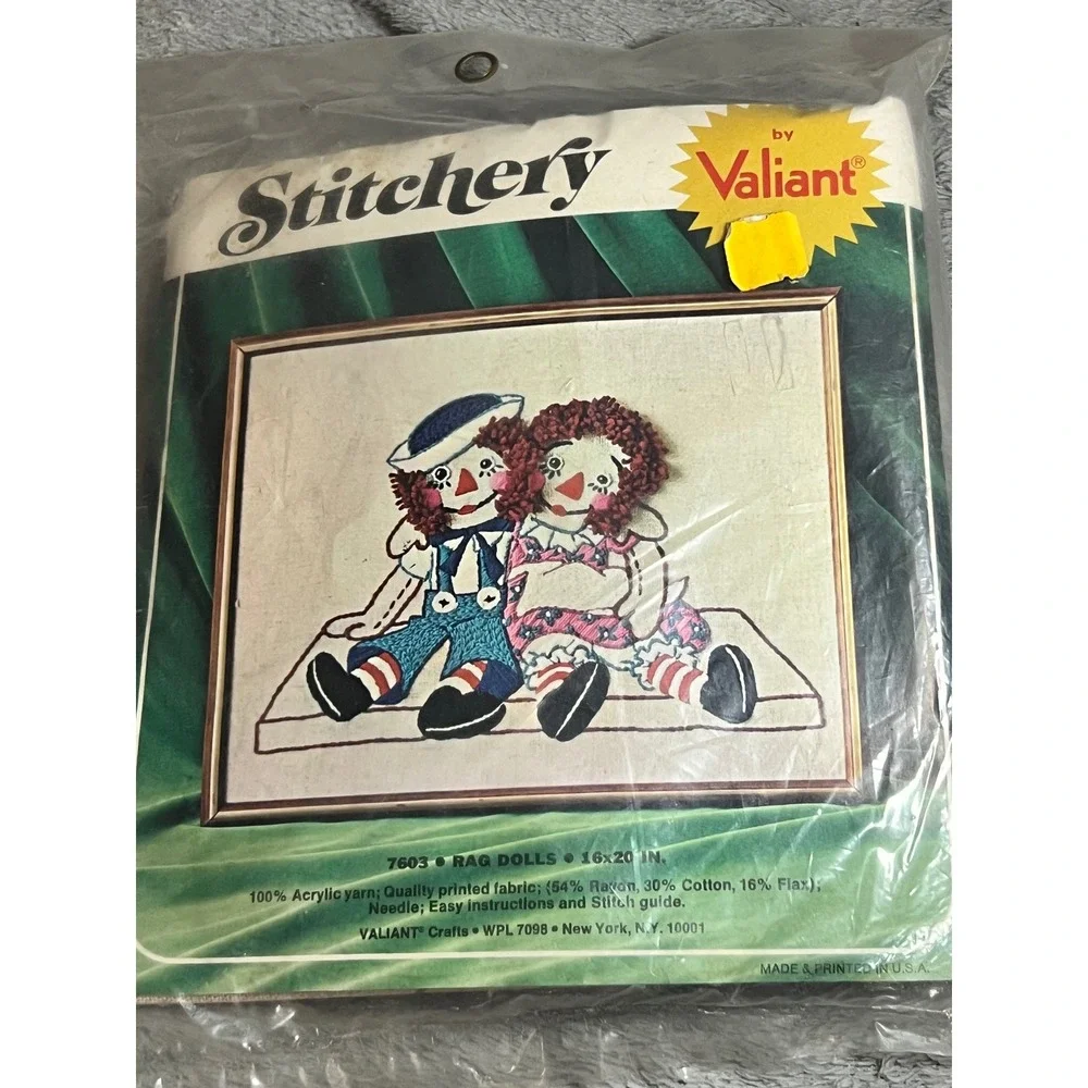 Vintage Valiant Stitchery Rag Dolls Crewel Embroidery Kit 7603 16x20 USA Sealed
